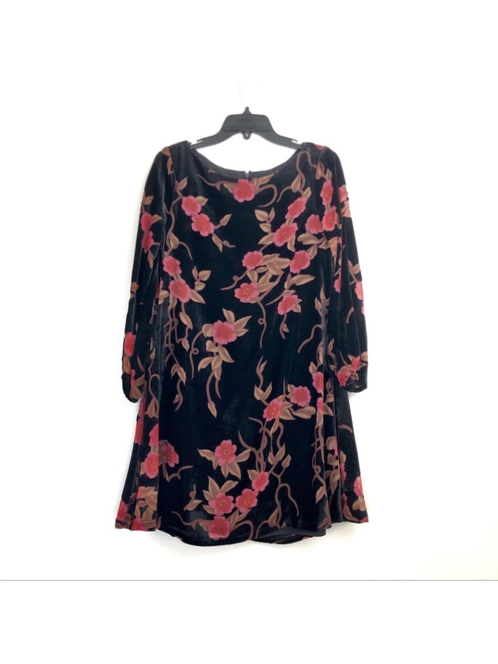 Floral Velvet Swing Dress in Black w. Pink Blossoms 12P EUC** READ